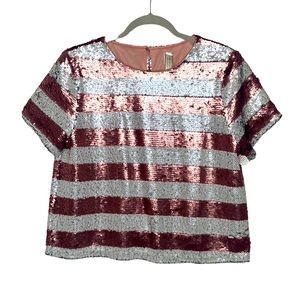 White & Pink Sequin Striped top